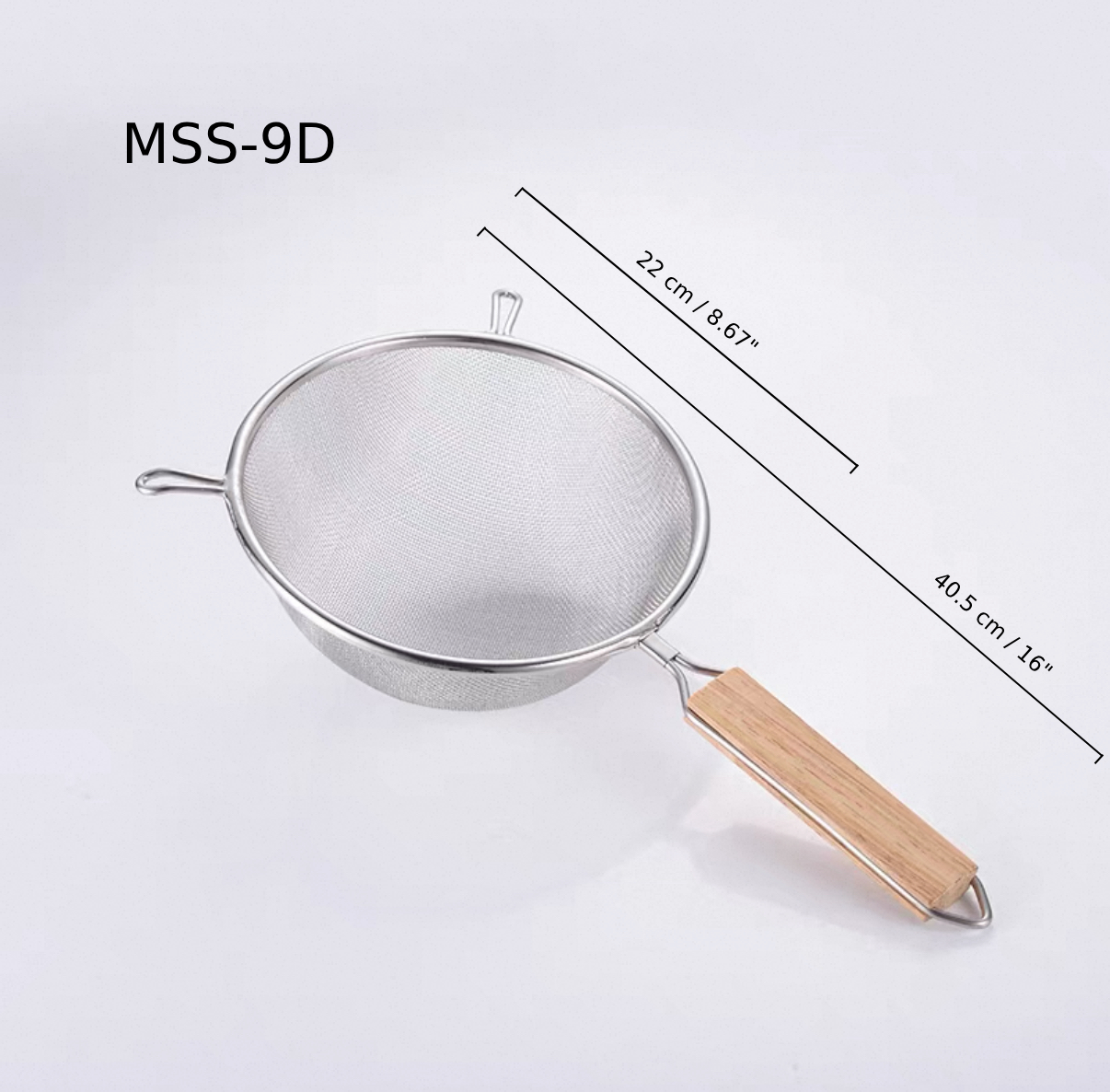 Chefco, 8 3/4" Medium Stainless Steel Double Mess strainer with Wooden Handle and Double Ear (MSS-9D) - Chefcoca