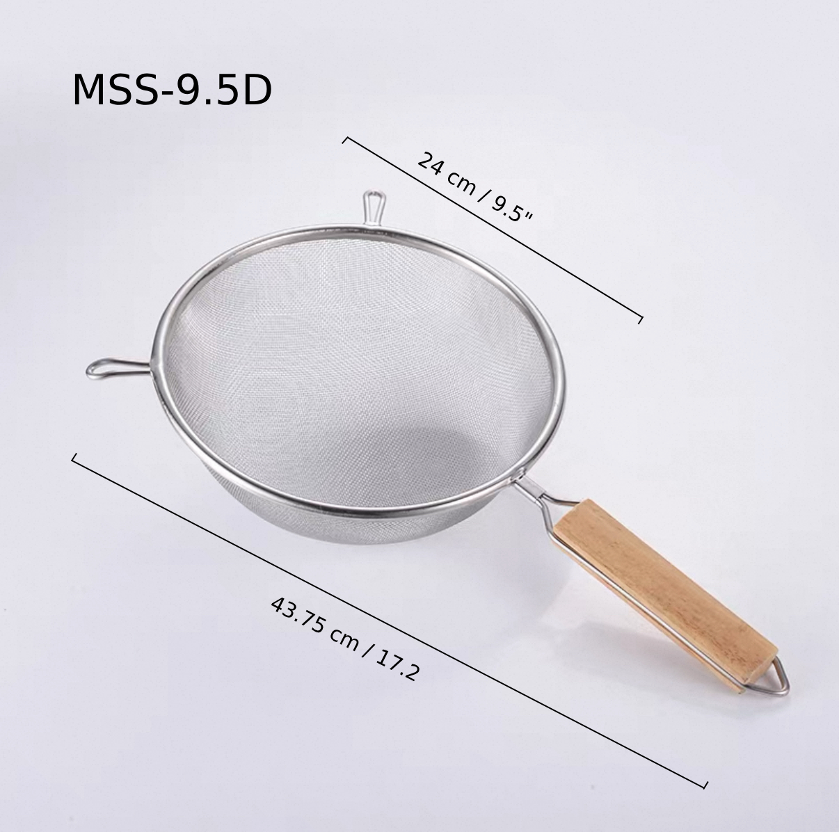 Chefco, 9 1/2" Medium Stainless Steel Double Mess strainer with Wooden Handle and Double Ear (MSS-9.5D) - Chefcoca