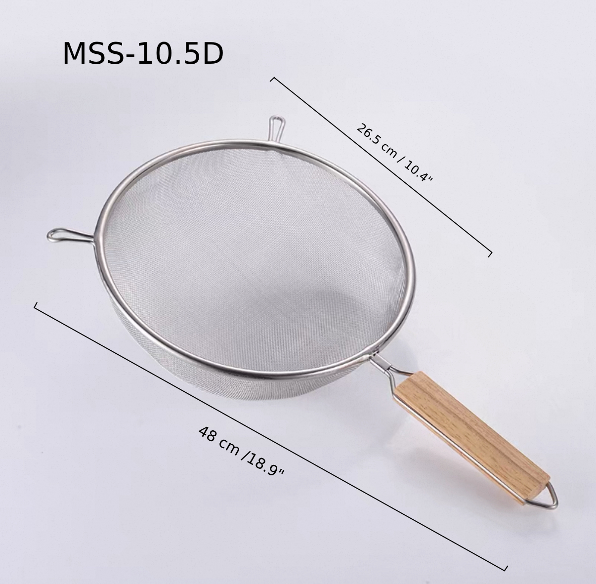 Chefco, 10 1/4" Medium Stainless Steel Double Mess strainer with Wooden Handle and Double Ear (MSS-10.5D) - Chefcoca