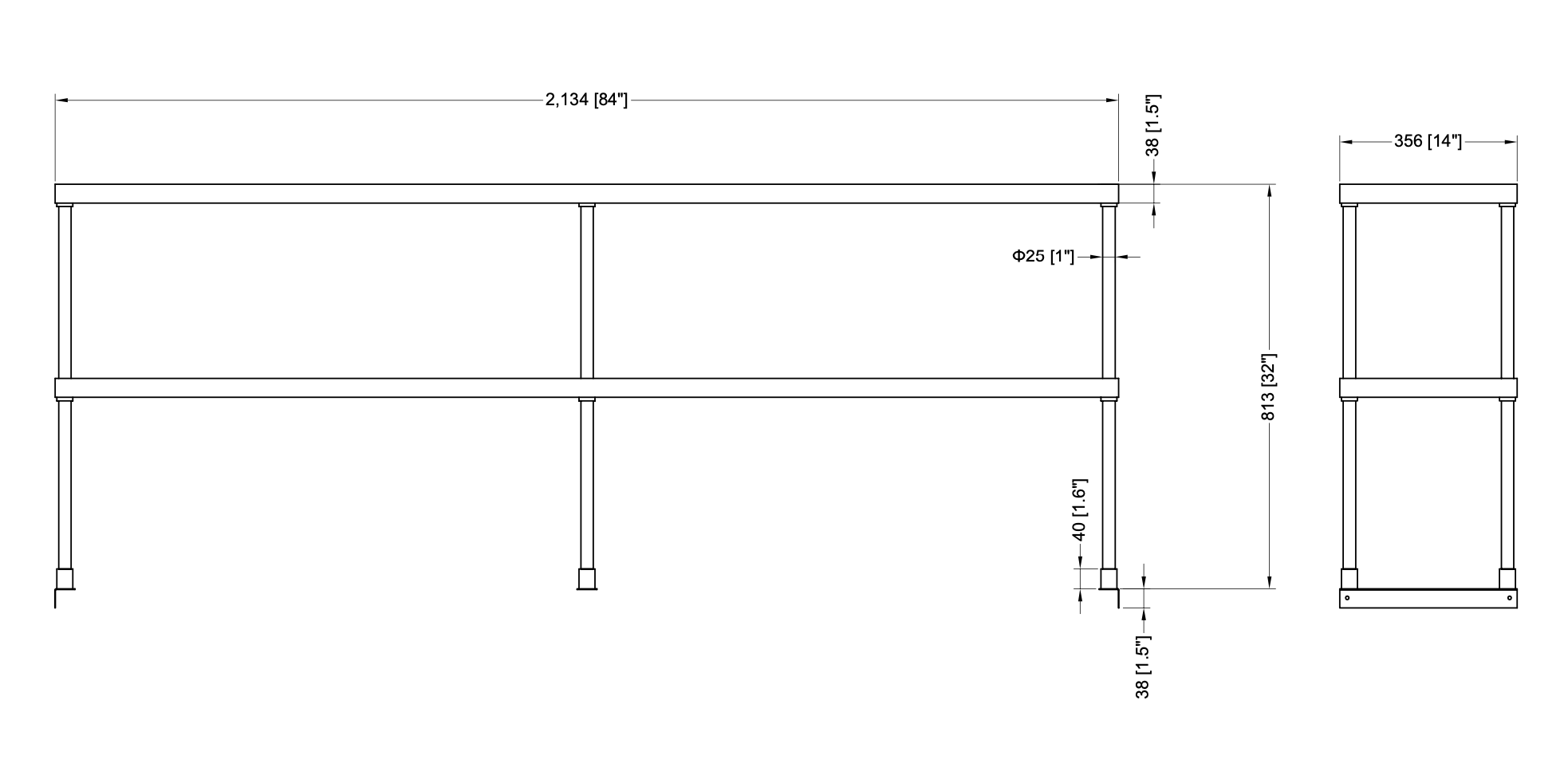 Metal304, DOS-1484-418，18-Gauge Stainless Steel Double Deck Overshelf （14"X84"X32"H ）