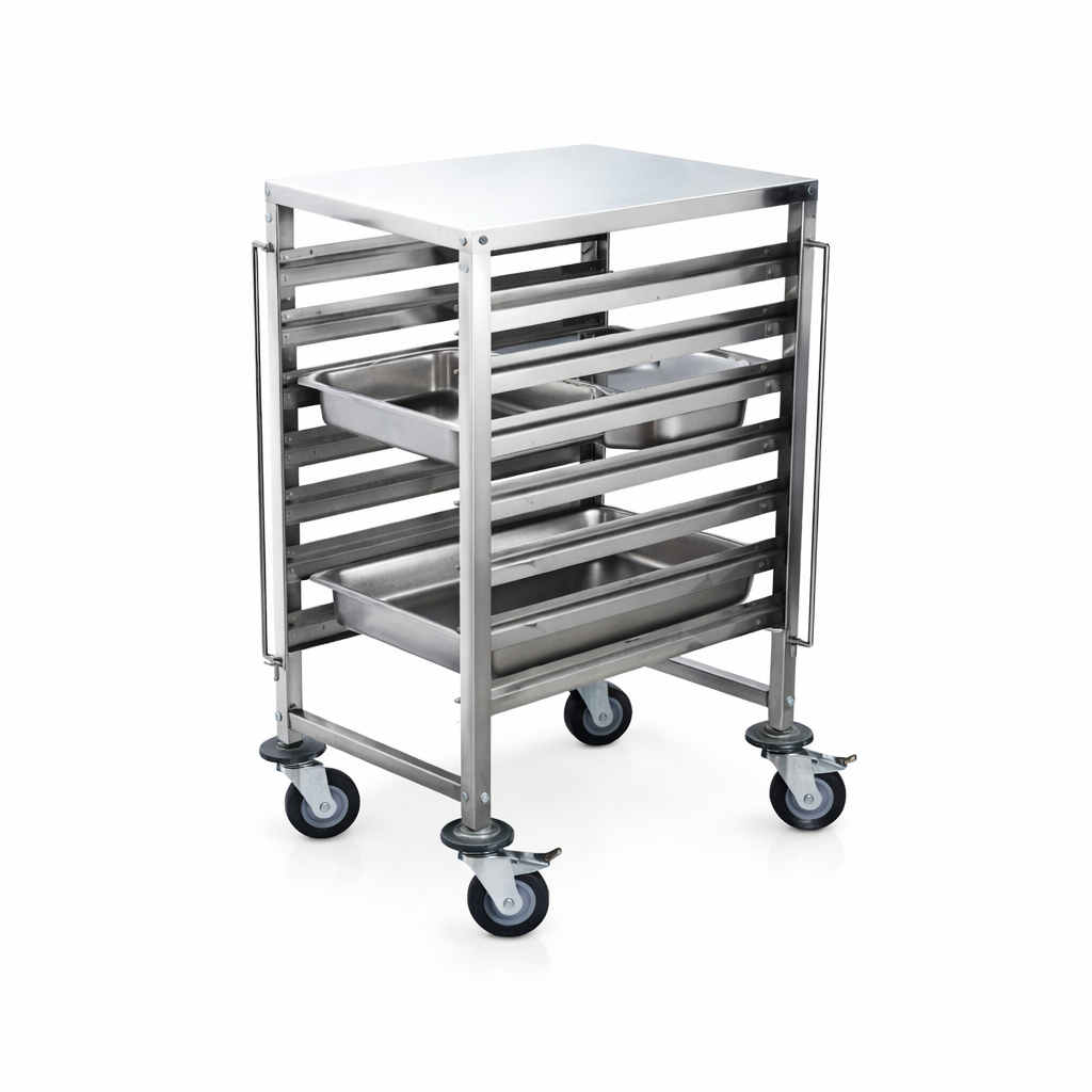 7-Tiered Stainless Steel Steam  Pan Rack with Brakes & Work Surface (SGNR-7) - Chefcoca