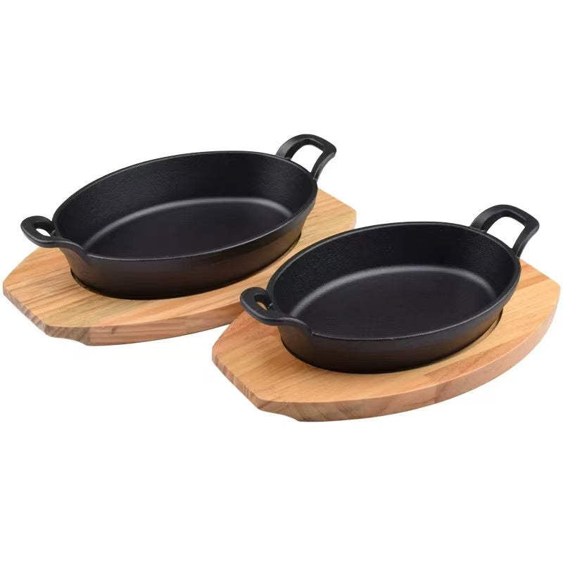 Sub-equip,CIPO-2417,Enamel Oval Mini Cast Iron Platter with Wooden Base,2pcs/set (24cm/9.5"x17cm/6.7") - Chefcoca