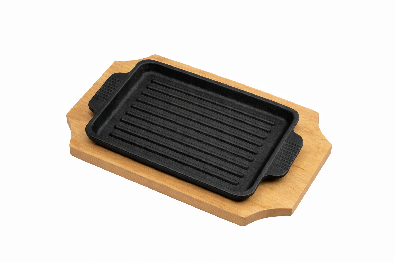 Sub-equip,CIPR-1512,Enamel Rectangular Mini Cast Iron Ribbed Platter with Wooden Base,2pcs/set (16cm/6.3"x12.3cm/4.8") - Chefcoca