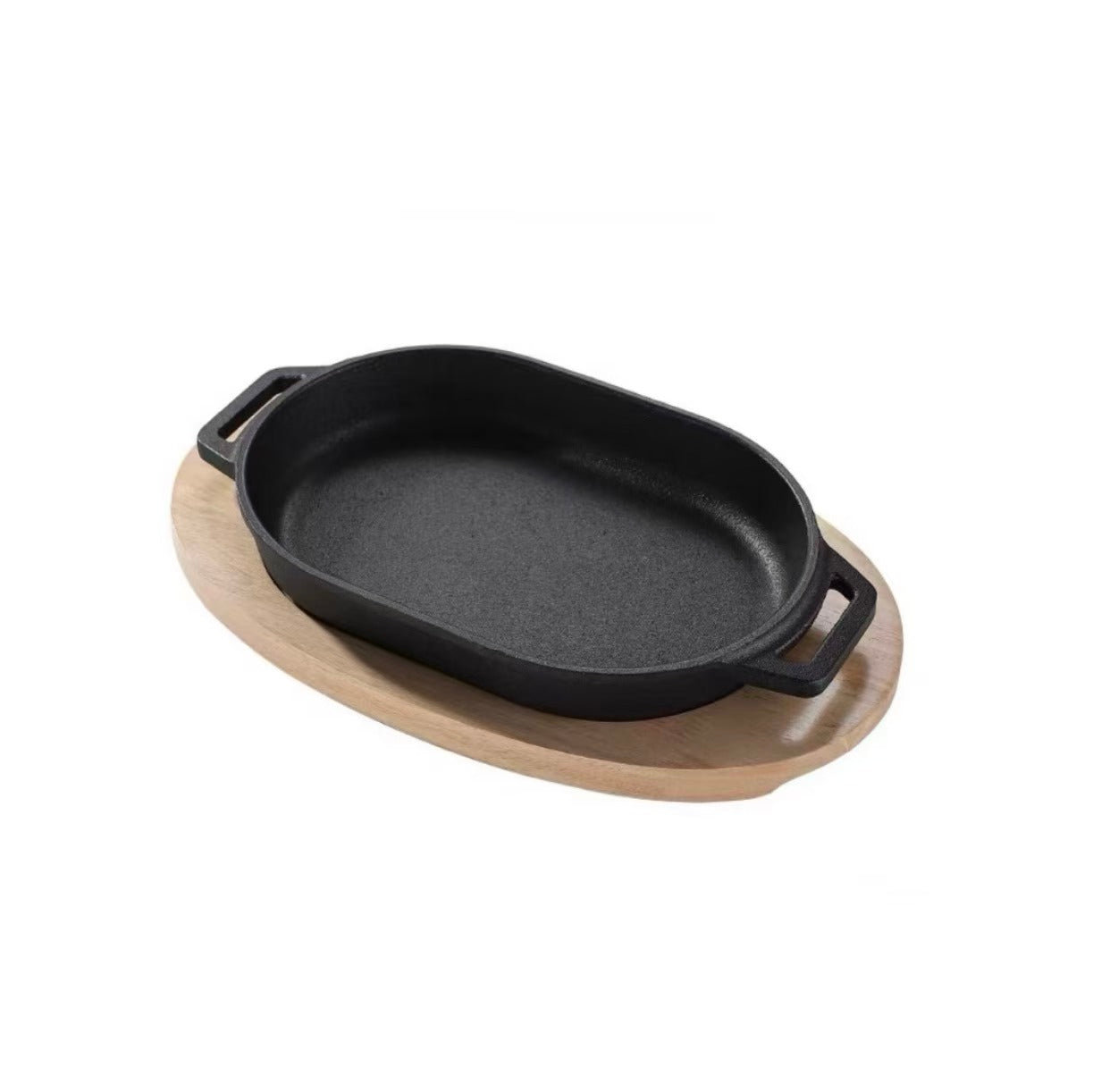 Sub-equip,CIPR-2517,Enamel Oval Mini Cast Iron Platter with Wooden Base,2pcs/set (25cm/9.8"x17cm/6.7") - Chefcoca