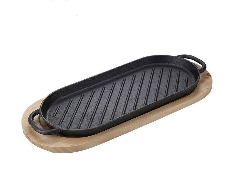Sub-equip,CIPR-3716,Enamel Oval Mini Cast Iron Ribbed Platter with Wooden Base,2pcs/set (37.3cm/14.7" x16cm/6.3") - Chefcoca