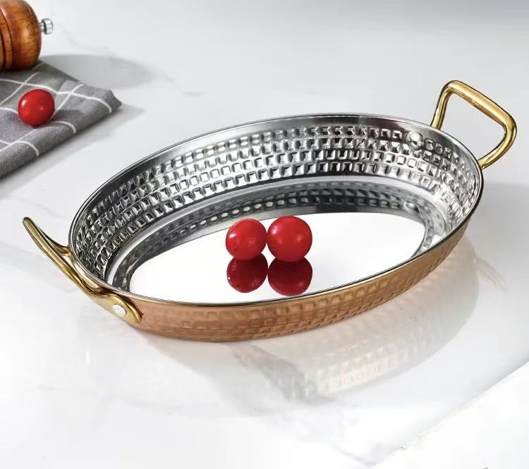 Sub-equip,OPD-2014RG,Stainless Steel Rose Gold Hammered Oval Deep Plate with Double Handle -(L20cm x W14cm x H3cm)(7.9"x5.5"x1.2") - Chefcoca