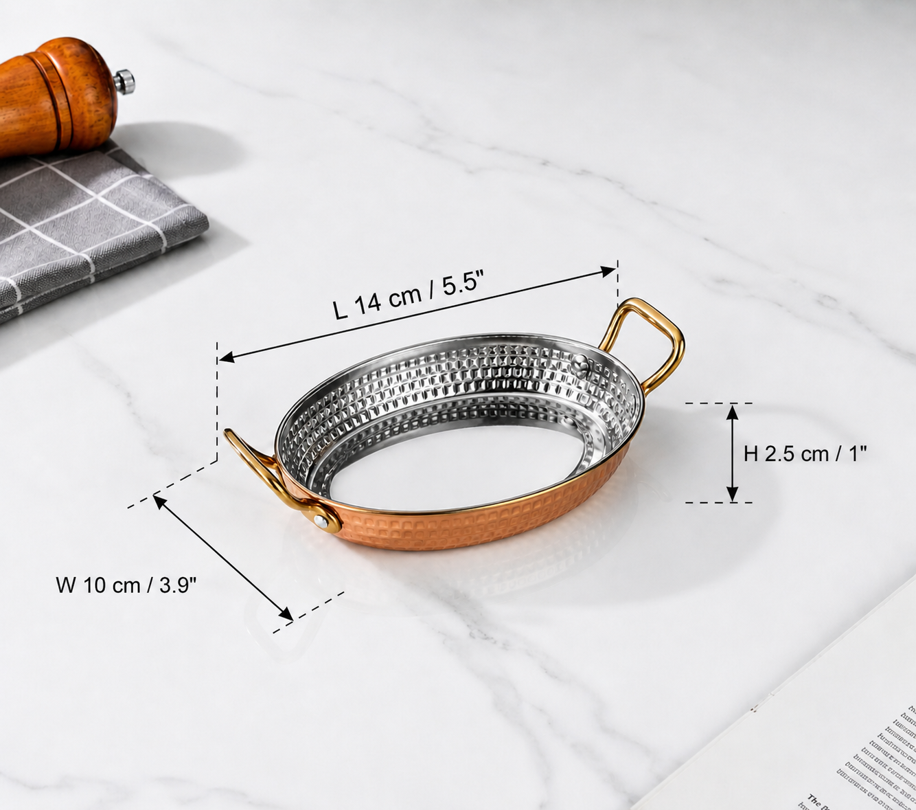 Sub-equip,OPD-1410RG,Stainless Steel Rose Gold Hammered Oval Deep Plate with Double Handle -(L14.5cm x W11cm x H2.5cm)(5.7" x 4.3" x 1") - Chefcoca