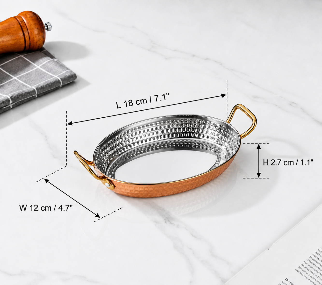 Sub-equip,OPD-1812RG,Stainless Steel Rose Gold Hammered Oval Deep Plate with Double Handle -（L18cm x W12cm x H2.7cm)(7.1"x4.7"x1.1) - Chefcoca