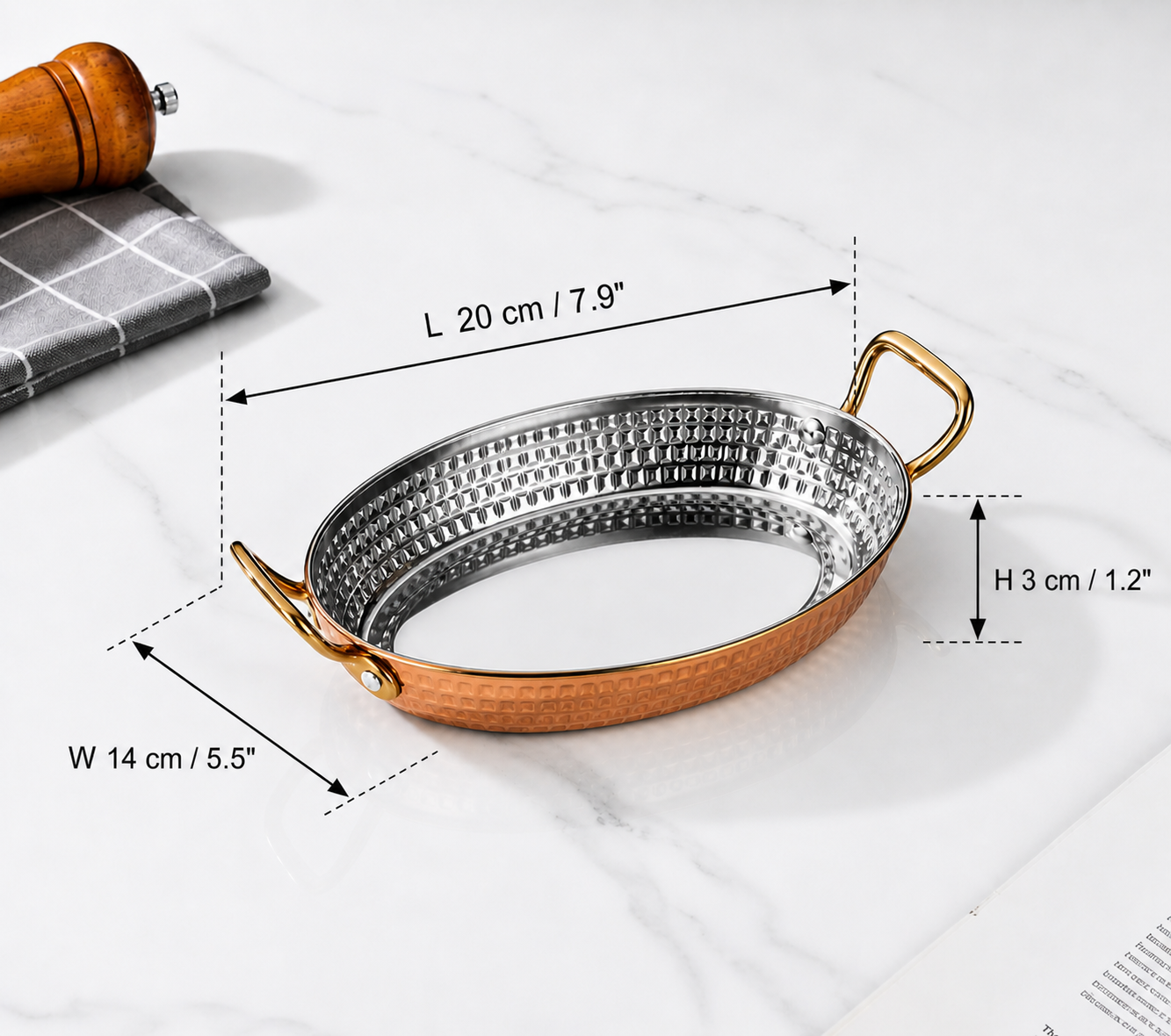 Sub-equip,OPD-2014RG,Stainless Steel Rose Gold Hammered Oval Deep Plate with Double Handle -(L20cm x W14cm x H3cm)(7.9"x5.5"x1.2") - Chefcoca