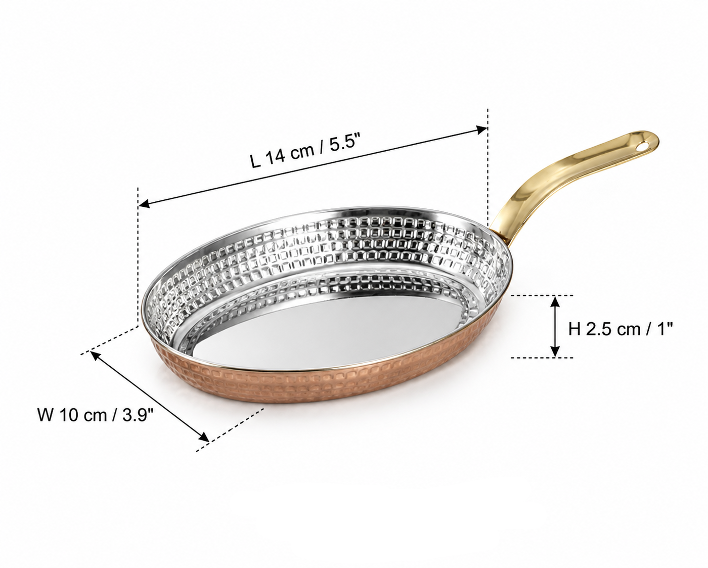 Sub-equip,OPS-1410RG,Stainless Steel Rose Gold Hammered Oval Deep Plate with Single Handle -（L14cm x W10cm x H2.5cm)(5.5"x3.9"x1) - Chefcoca