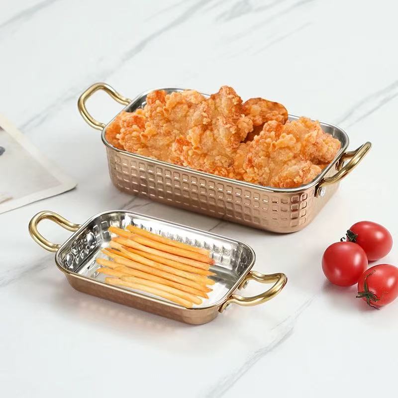 Sub-equip,RPD-12082RG,Rose Gold Hammered Stainless Steel Rectangle Deep Plate with Double Handle – (12 cm L x 8cm W x 2 cm H)(4.72" x 3.15" x 0.8") - Chefcoca
