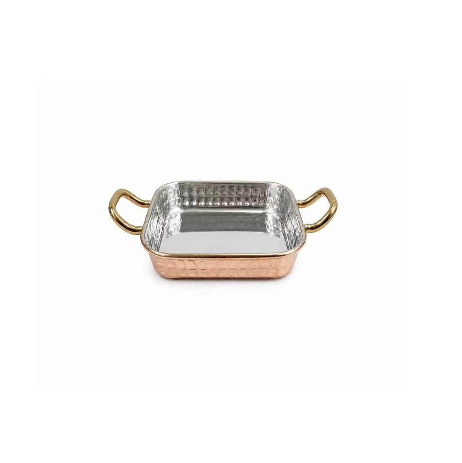 Sub-equip,RPD-12122RG,Rose Gold Hammered Stainless Steel Square Deep Plate with Double Handle – (L12 cm x W12 cm  x H2 cm)(4.72" x 4.72" x 0.8") - Chefcoca