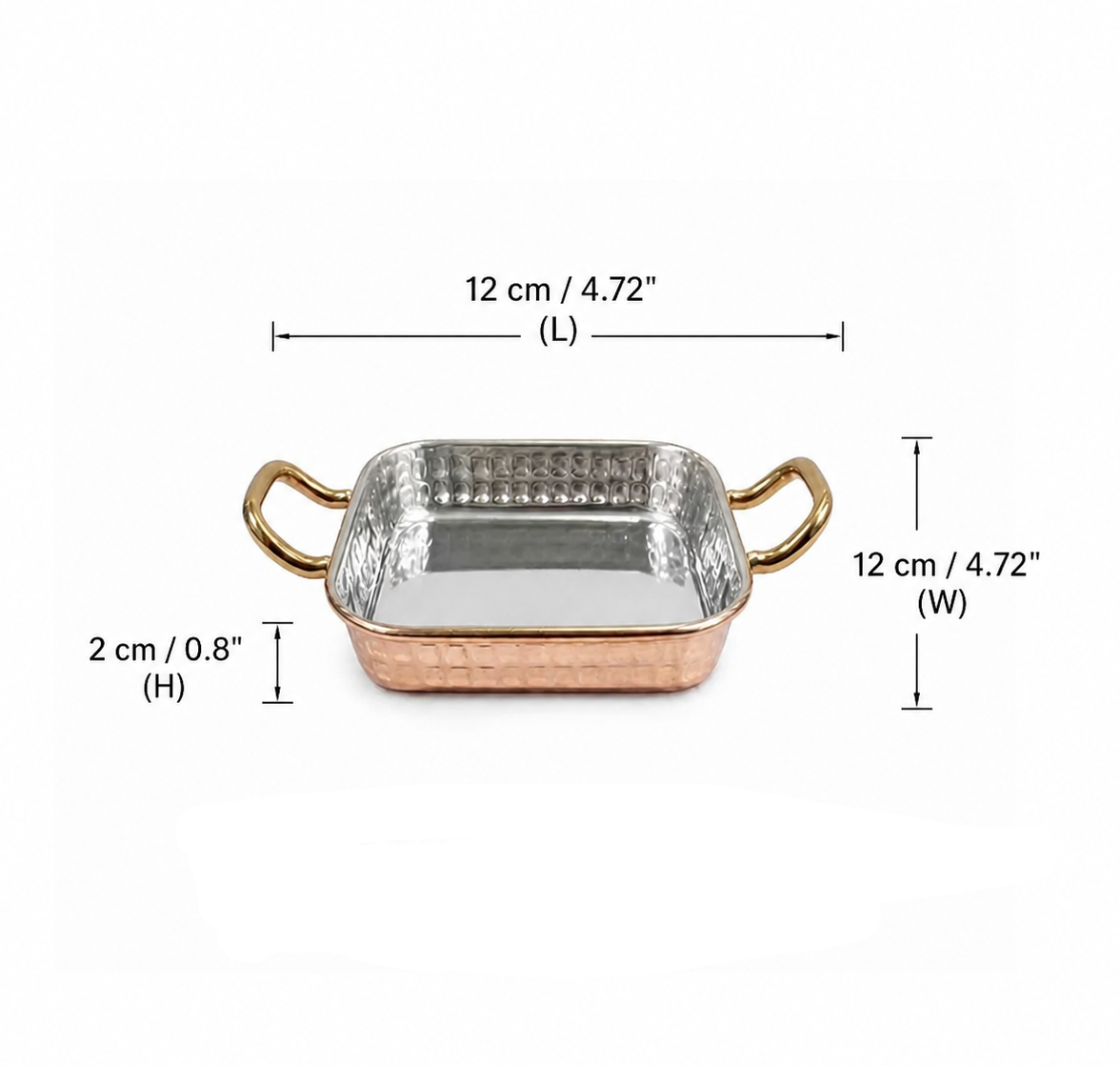 Sub-equip,RPD-12122RG,Rose Gold Hammered Stainless Steel Square Deep Plate with Double Handle – (L12 cm x W12 cm  x H2 cm)(4.72" x 4.72" x 0.8") - Chefcoca