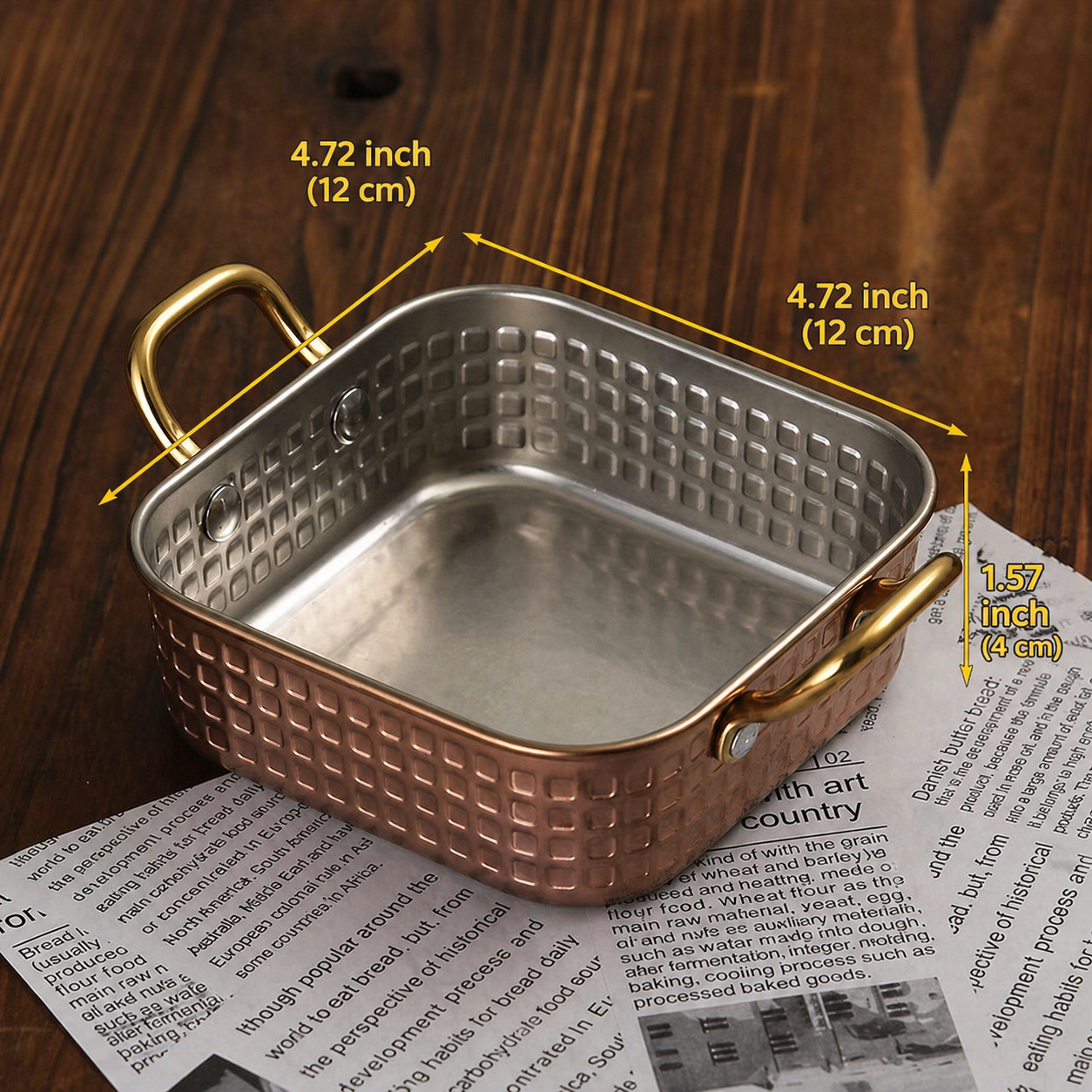Sub-equip,RPD-12124RG,Rose Gold Hammered Stainless Steel Square Deep Plate with Double Handle – ( L12 cm x W12 cm  x H4 cm)(4.72" x 4.72" x 1.57") - Chefcoca