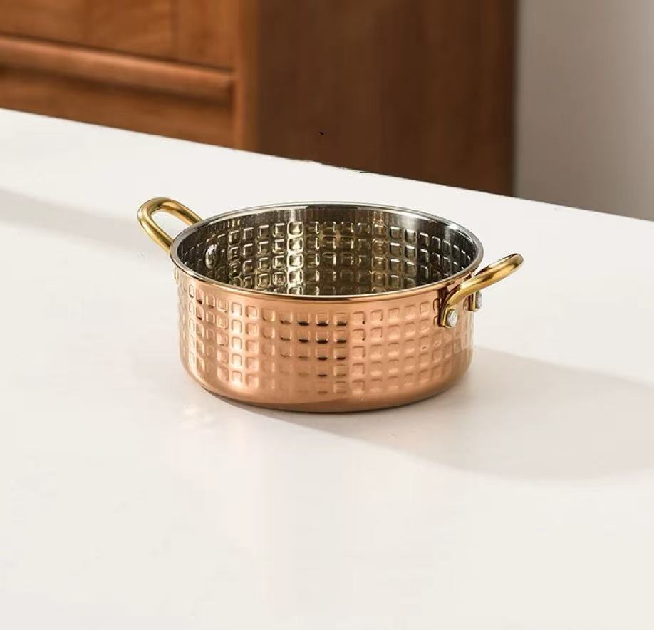 Sub-equip,RPD-12RG,Stainless Steel Rose Gold Hammered Round Mini Pot with Double Handle-(D 12.5cm x H 5 cm)(4.9"x 2") - Chefcoca