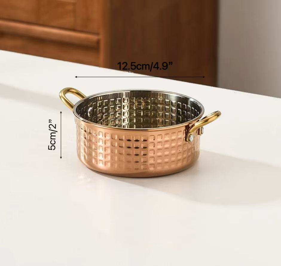 Sub-equip,RPD-12RG,Stainless Steel Rose Gold Hammered Round Mini Pot with Double Handle-(D 12.5cm x H 5 cm)(4.9"x 2") - Chefcoca