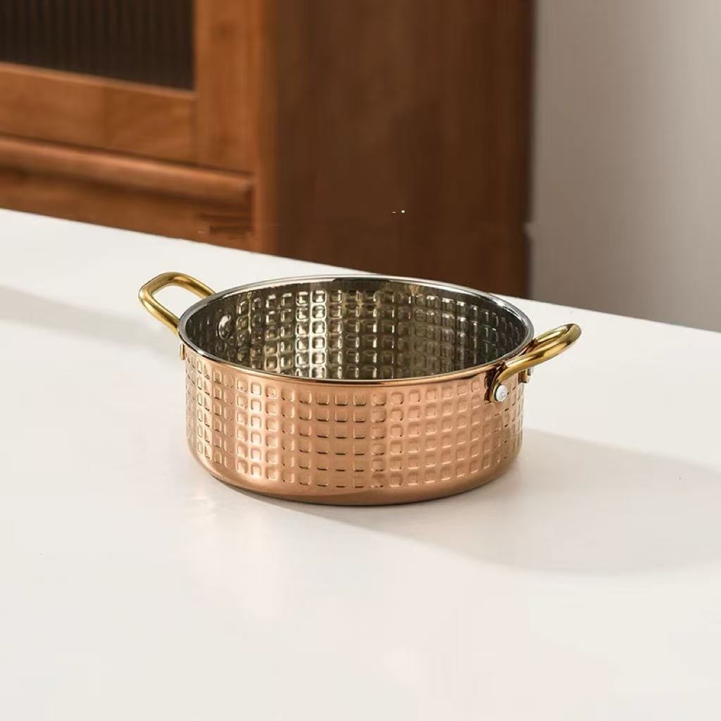 Sub-equip,RPD-14RG,Stainless Steel Rose Gold Hammered Round Mini Pot with Double Handle-(D 14.5cm x H 5.5 cm)(5.7"x 2.2") - Chefcoca