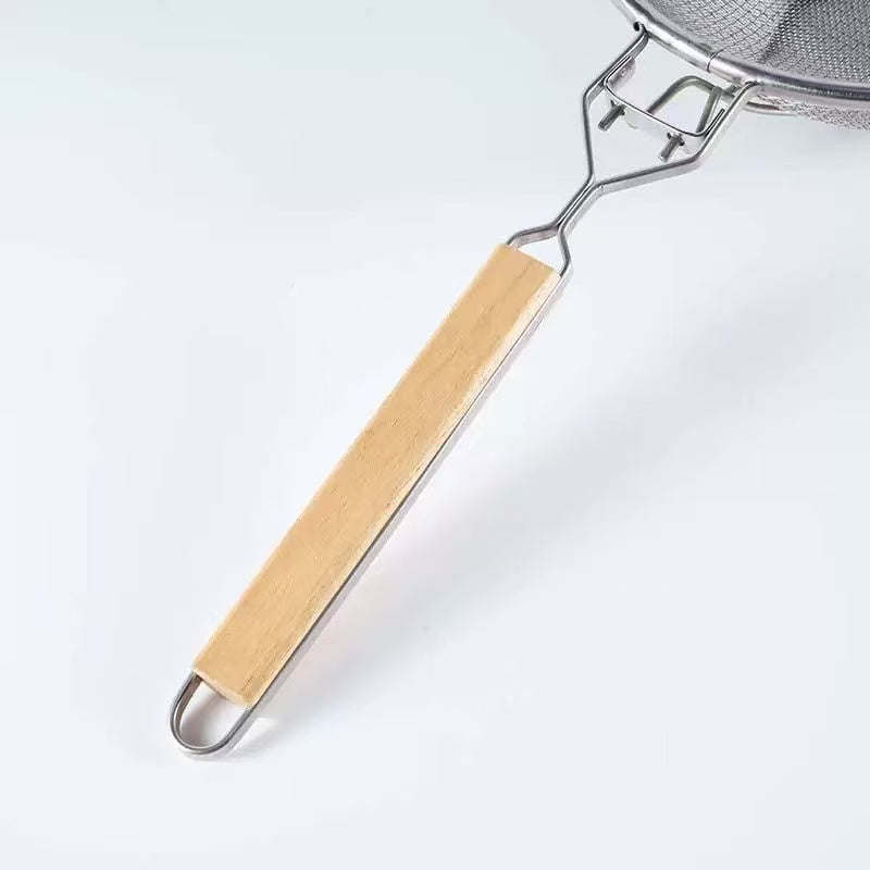 Sub-equip, RSS-10RB,10.4" Reinforced Heavy-Duty Medium Stainless Steel Double Mesh Strainer with Wooden Handle & Hanging Hook - Chefcoca