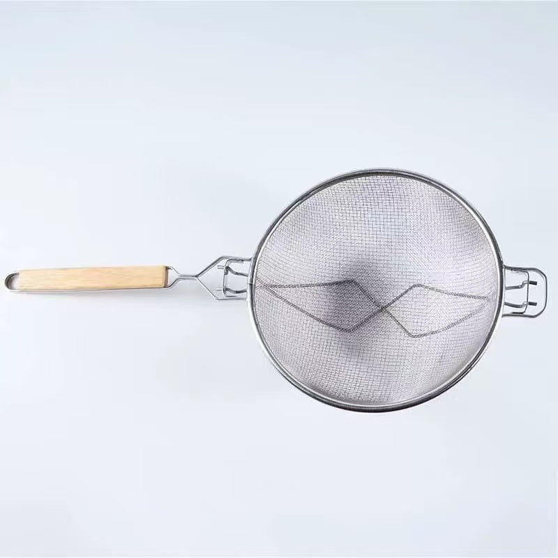 Sub-equip, RSS-10RB,10.4" Reinforced Heavy-Duty Medium Stainless Steel Double Mesh Strainer with Wooden Handle & Hanging Hook - Chefcoca
