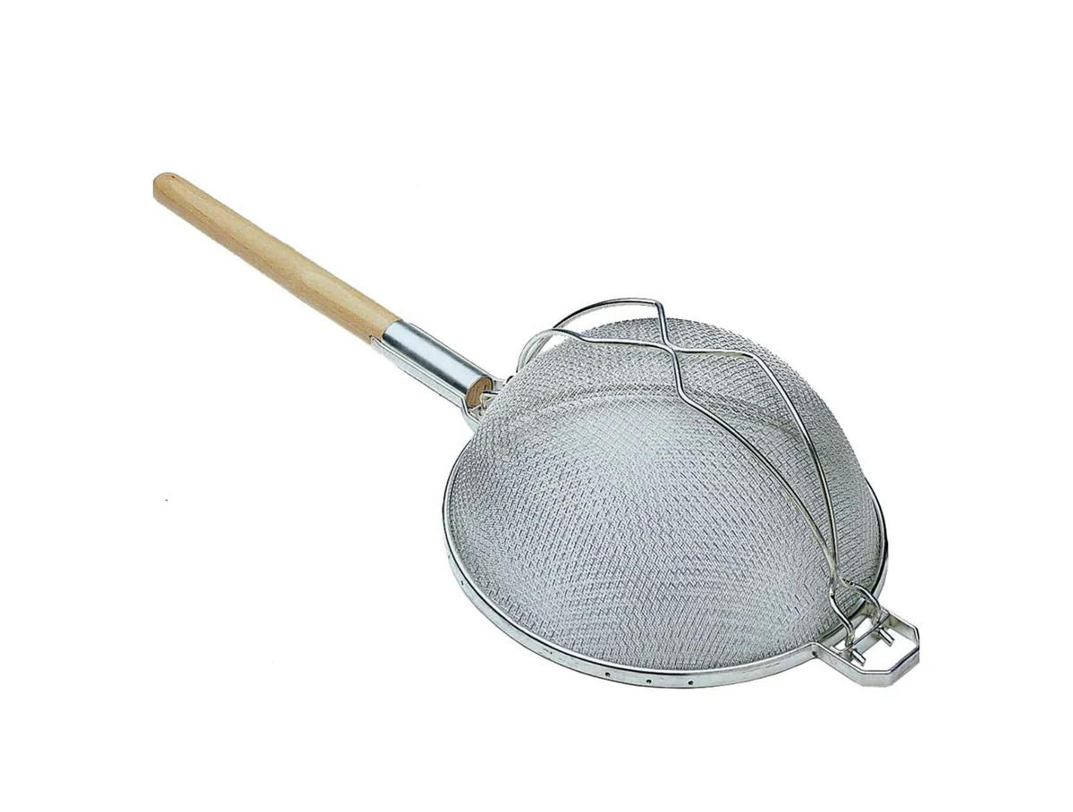Sub-equip,RSS-14D, 14" Reinforced Heavy-Duty Medium Stainless Steel Double Mesh Strainer with Round Wooden Handle & Hanging Hook - Chefcoca