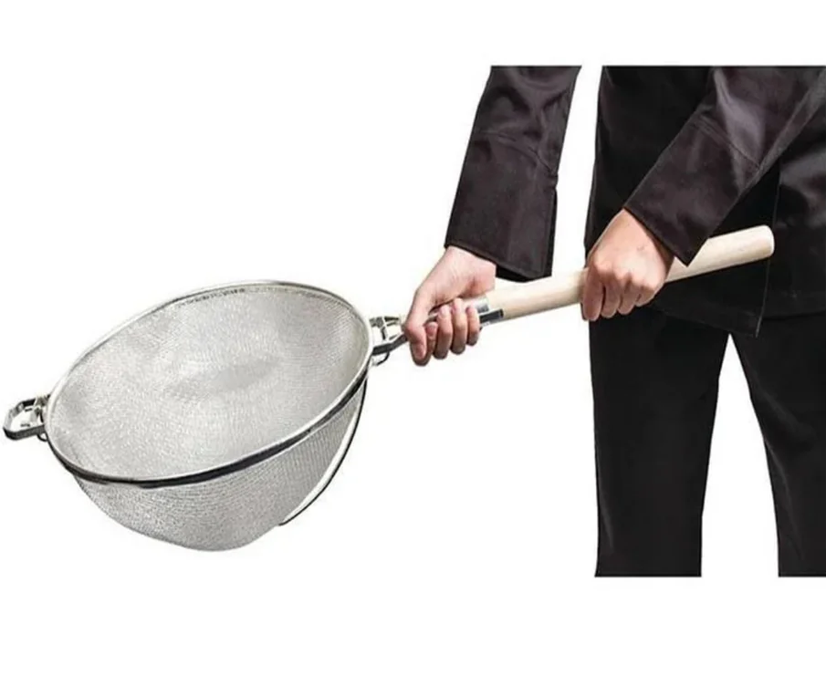 Sub-equip,RSS-14D, 14" Reinforced Heavy-Duty Medium Stainless Steel Double Mesh Strainer with Round Wooden Handle & Hanging Hook - Chefcoca