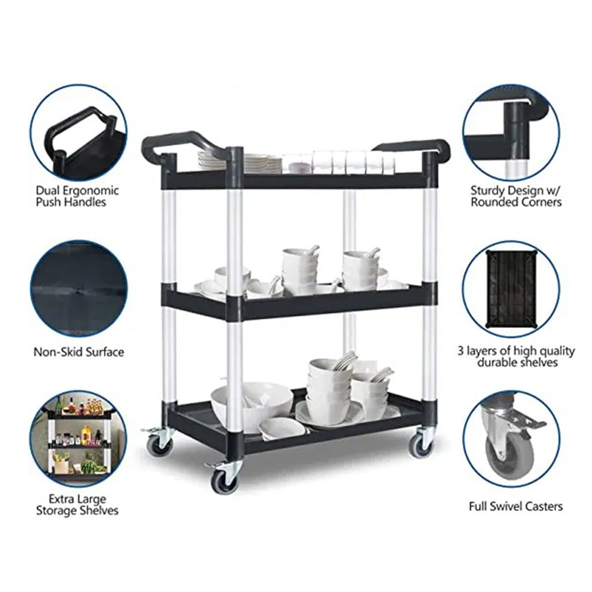 Utility Service Cart, 3 Shelf Heavy Duty 154 LBS Food Service Cart (Cart Only) - Chefcoca