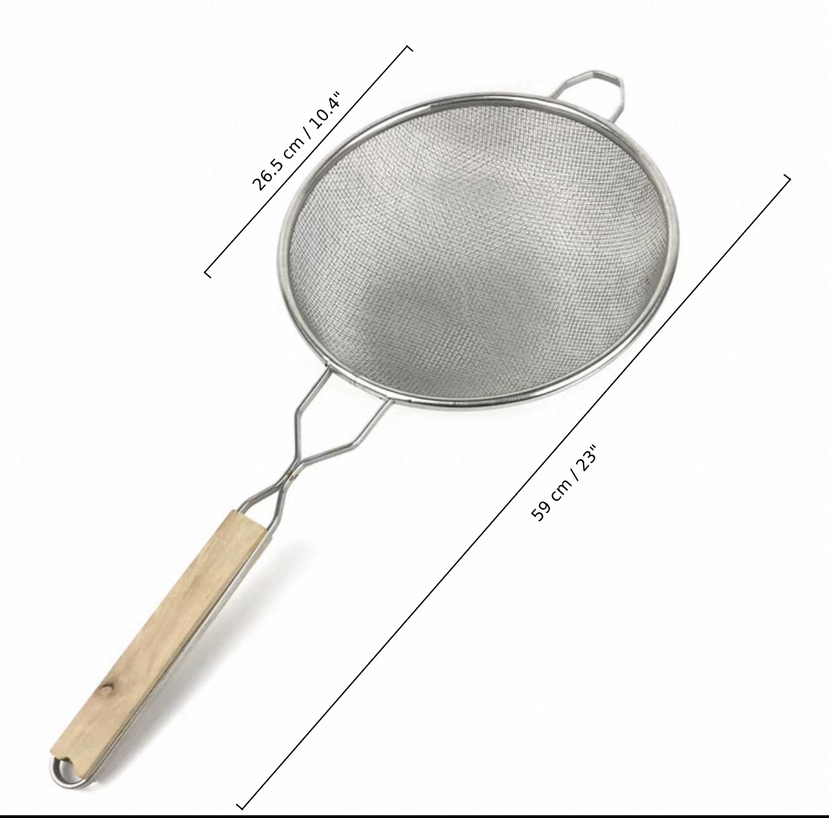 Chefco, 10 1/4" Medium Stainless Steel Double Mesh-Strainer with Wooden Handle & Hanging Hook (MSH-10.5D) - Chefcoca