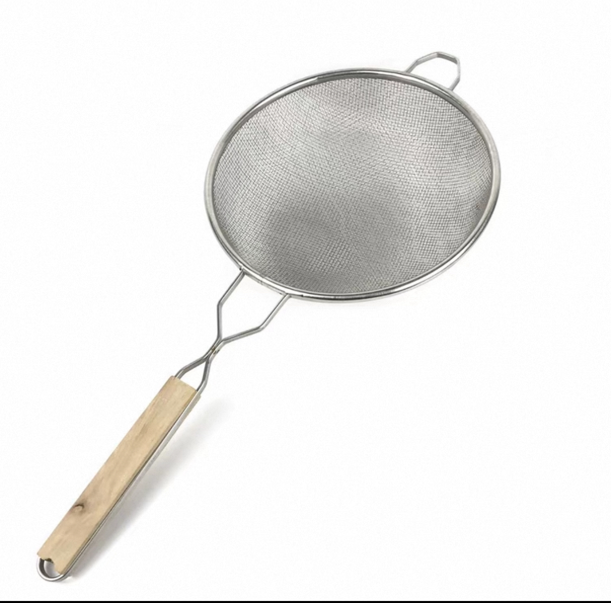 Chefco, 10 1/4" Medium Stainless Steel Double Mesh-Strainer with Wooden Handle & Hanging Hook (MSH-10.5D) - Chefcoca