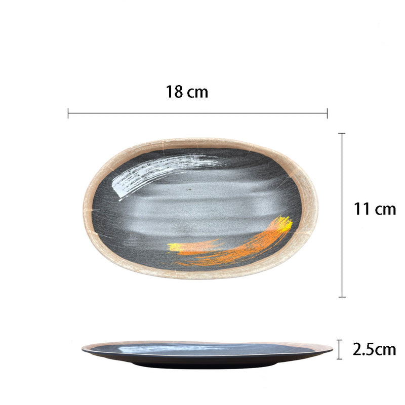7.2" Melamine Black Oval Dee Plate with white & golden pattern (W7307G)