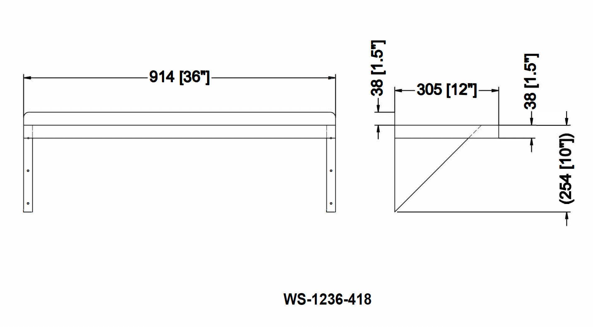 Metal 304, WS-1236-418, 18 Gauge 430 Stainless Steel Solid Wall Shelf 12"width x 36" length
