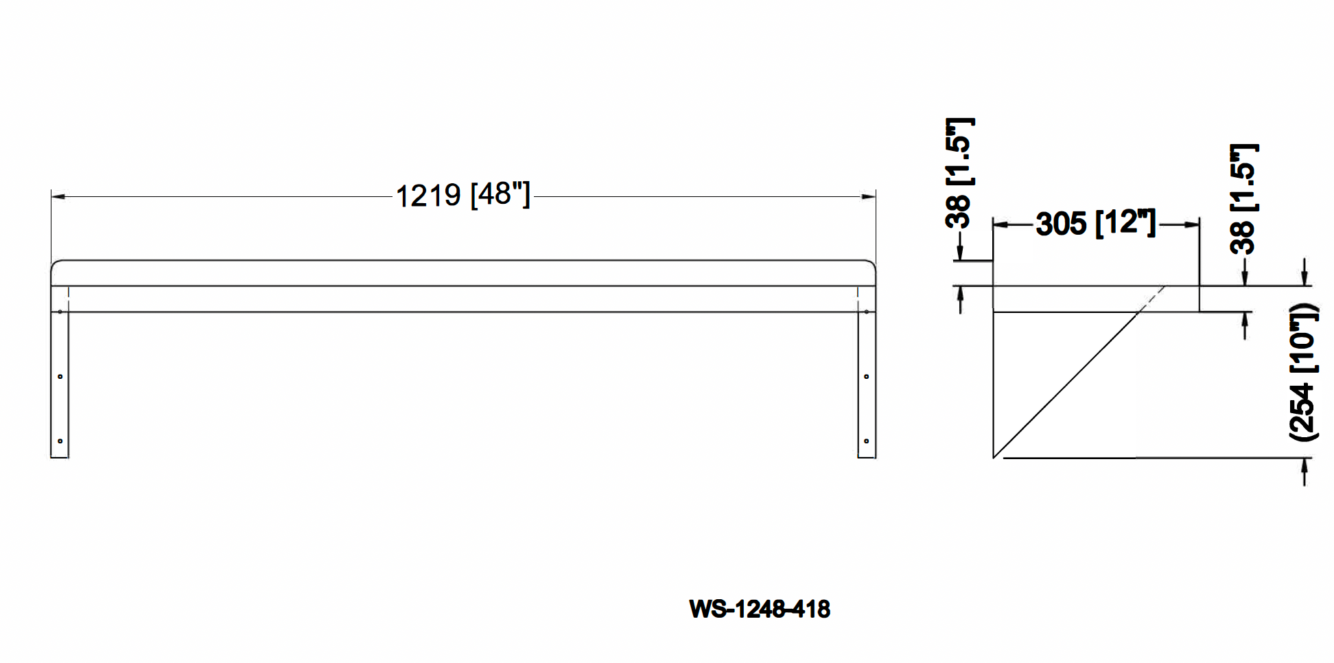 Metal 304, WS-1248-418, 18 Gauge 430 Stainless Steel Solid Wall Shelf 12"width x 48" length