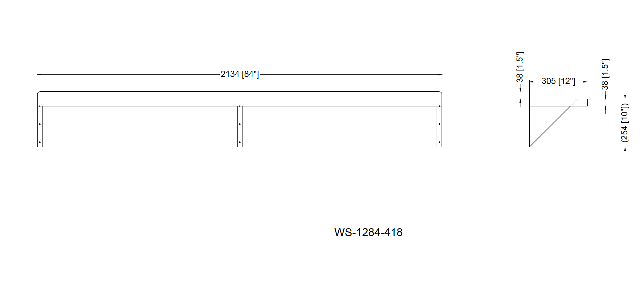 Metal 304, WS-1284-418, 18 Gauge 430 Stainless Steel Solid Wall Shelf 12"width x 84" length
