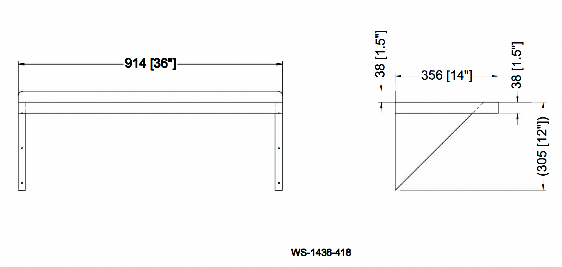 Metal 304, WS-1436-418, 18 Gauge 430 Stainless Steel Solid Wall Shelf 14"width x 36" Length