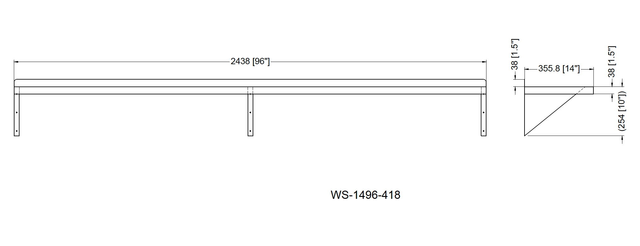 Metal 304, WS-1496-418, 18 Gauge 430 Stainless Steel Solid Wall Shelf 14"Width x 96" Length