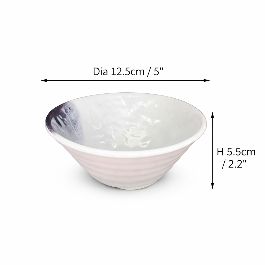 CHEFCO,BY5001K, 5" White Melamine Round Bowl with Dark Blue Pattern - Chefcoca