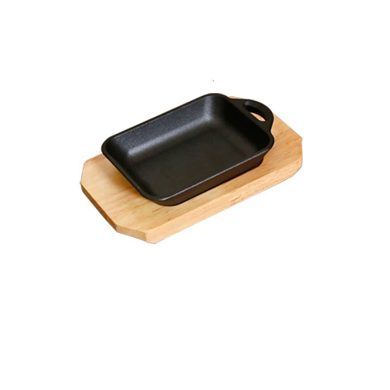 Rectangular mini Cast Iron Platter with wooden base, 5.5" x 4" (or 14 cm x 10 cm)