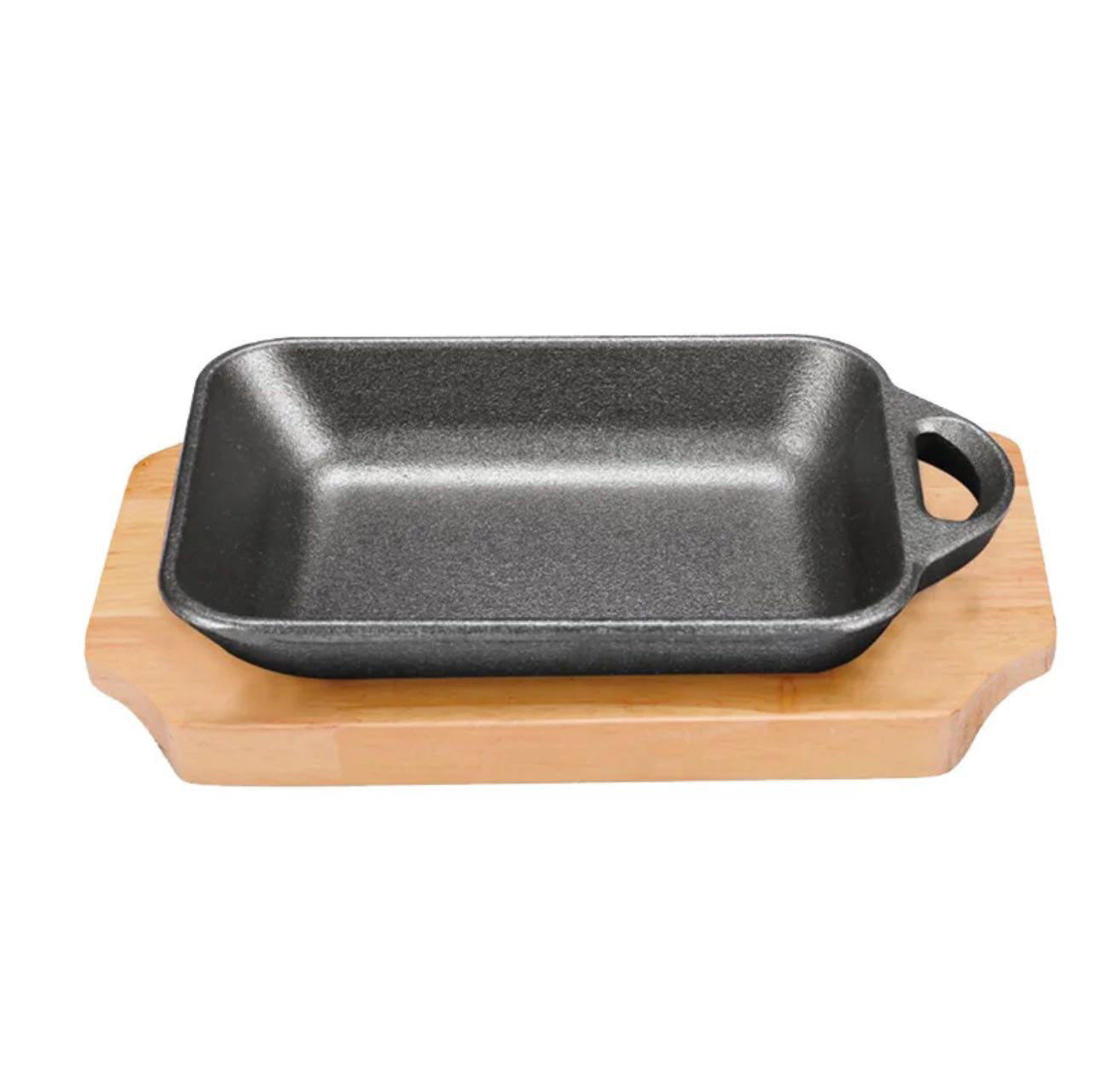 Rectangular mini Cast Iron Platter with wooden base, 5.5" x 4" (or 14 cm x 10 cm)