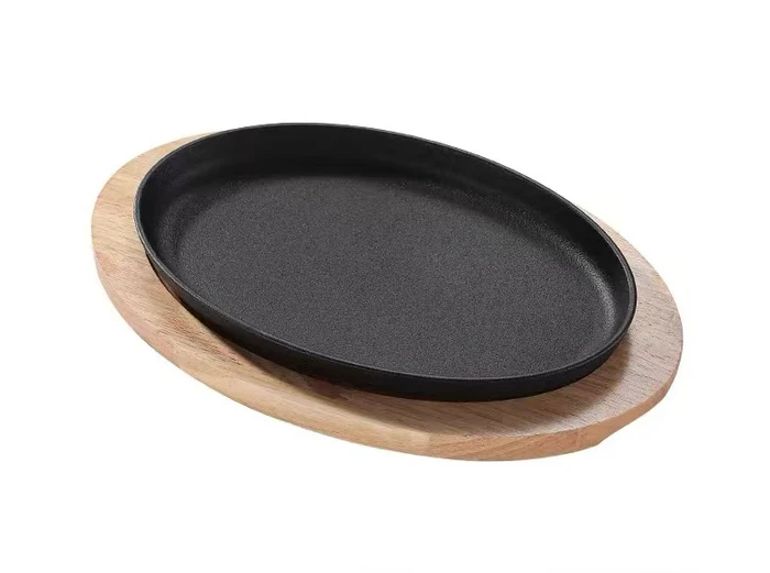 Chefco,  CISP-10.5F, Oval cast iron sizzling plate with wooden base, 2pcs/set - Chefcoca