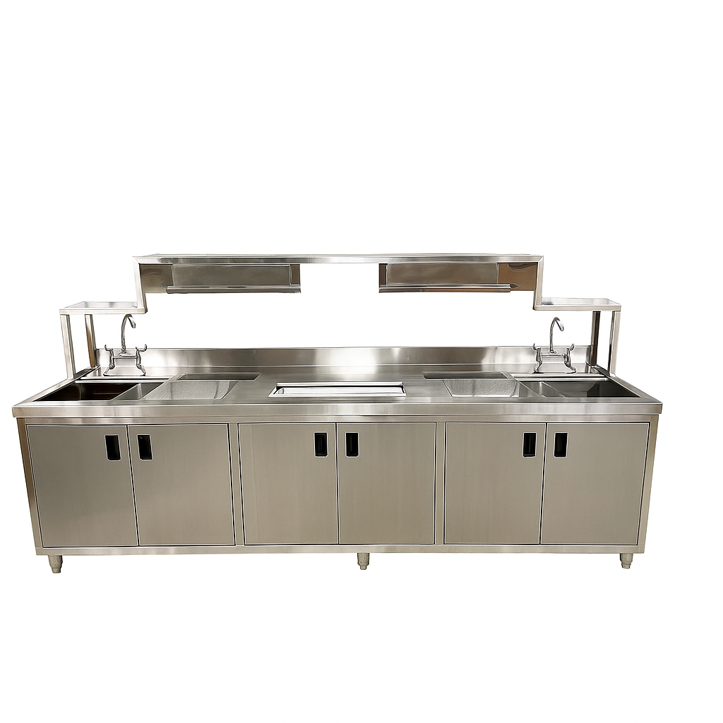 Station de travail pour thé aux perles en acier inoxydable 304 de calibre 16, BTS-270 (274 cm l x 71 cm P x 125 cm H)