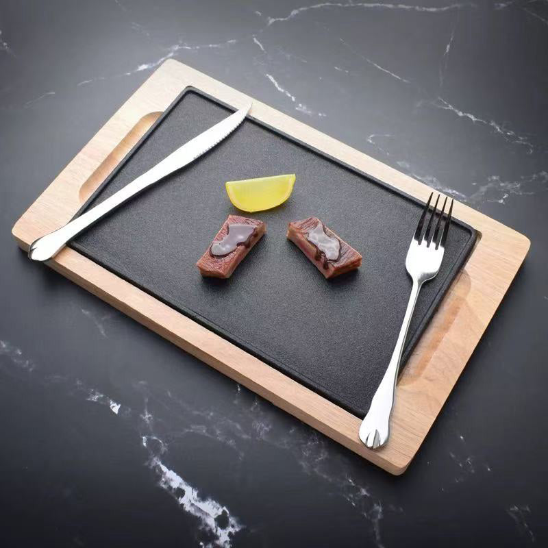 Chefco, (SL2273)Cast Iron, Square, Cast Iron Square Sizzler with Wooden Stand Serving Dish Restaurant Home and Kitchen Cooking Supply - Chefcoca