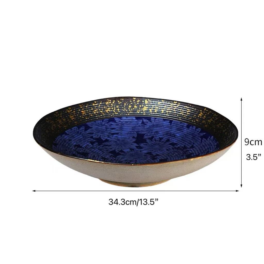 Chefco,BL3509,13.5" Ceramic Blue Round Blow with Sakura & Golden Flake Pattern,Dia34.3cm/13.5"x H9cm/3.5" - Chefcoca