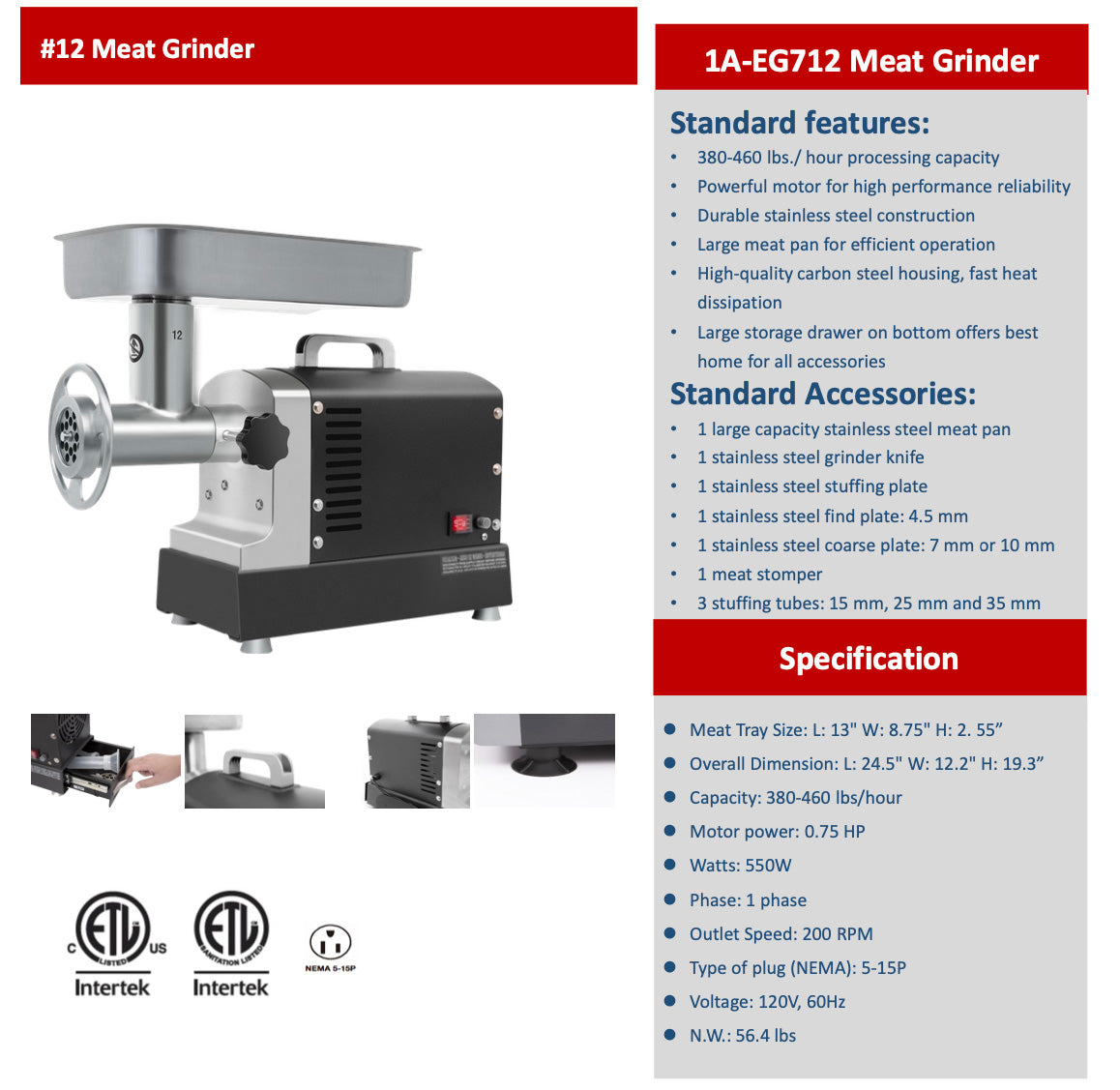 Sub-equip 1A-EG7 Series 12" Blade Diameter Meat Grinder - Chefcoca