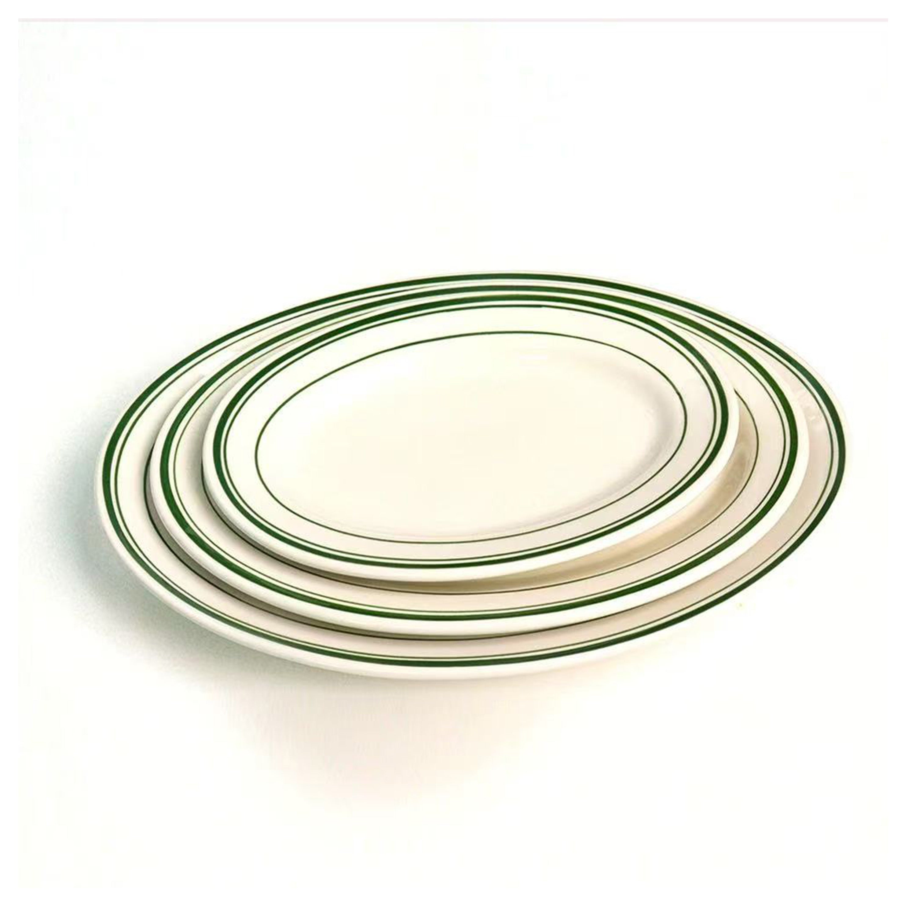Chefco VIC-19, 15- 1/2"× 9-1/2"  Ivory (American White) Porcelain Oval Platter, with Green Bands