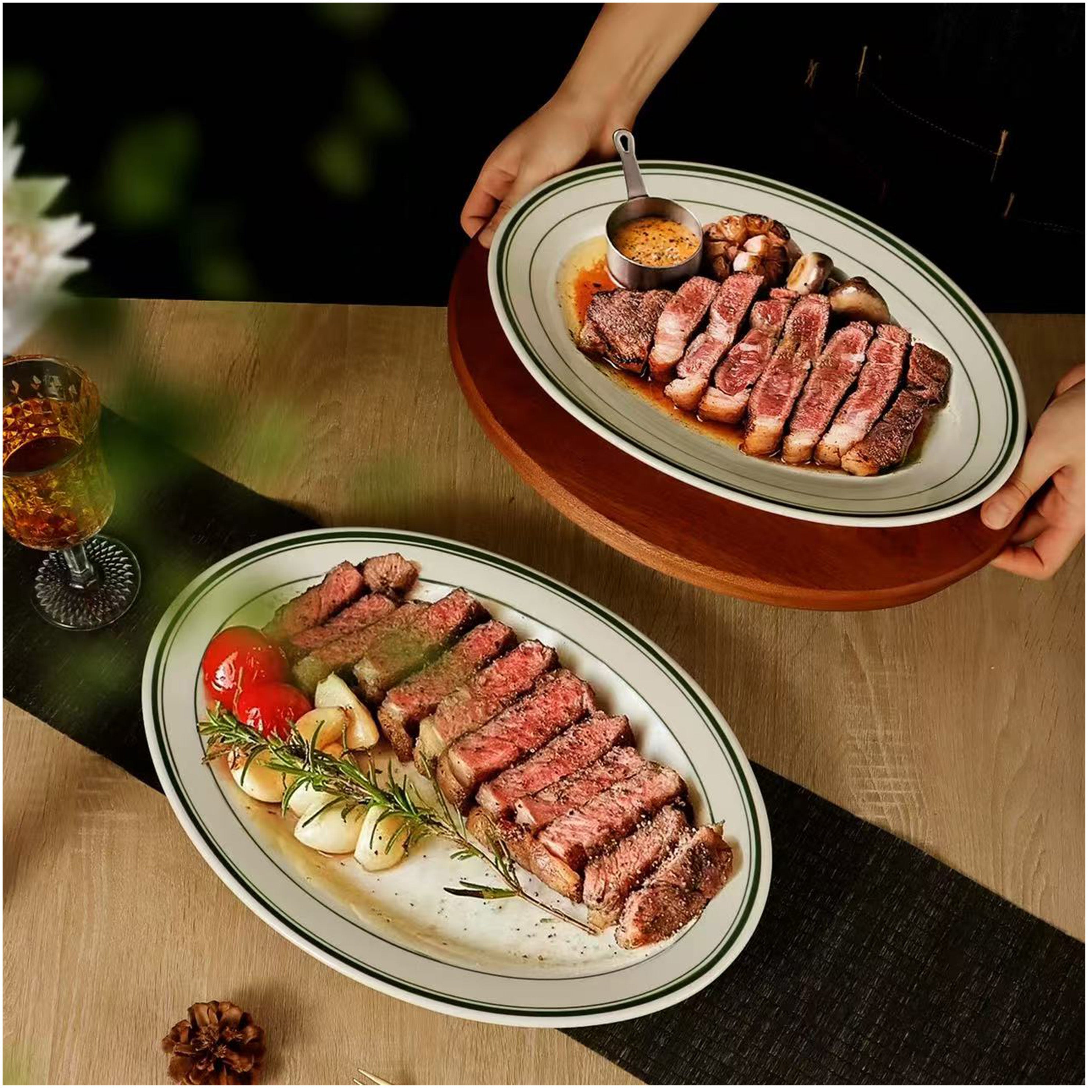 Chefco VIC-13, 11- 1/2" X 8-1/8"  Ivory (American White) Porcelain Oval Platter, with Green Bands