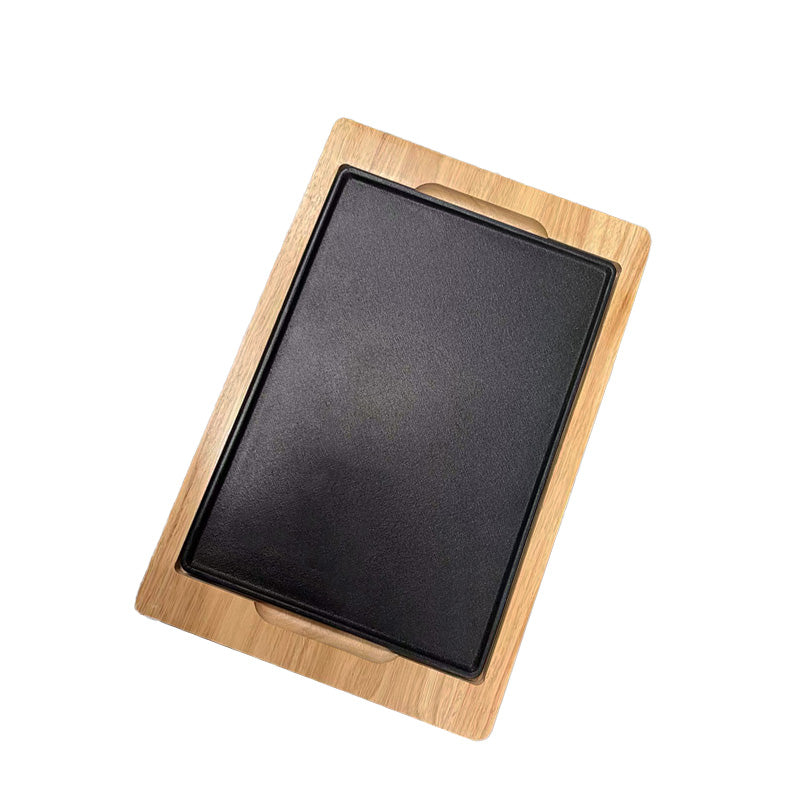 Chefco, (SL2273)Cast Iron, Square, Cast Iron Square Sizzler with Wooden Stand Serving Dish Restaurant Home and Kitchen Cooking Supply - Chefcoca