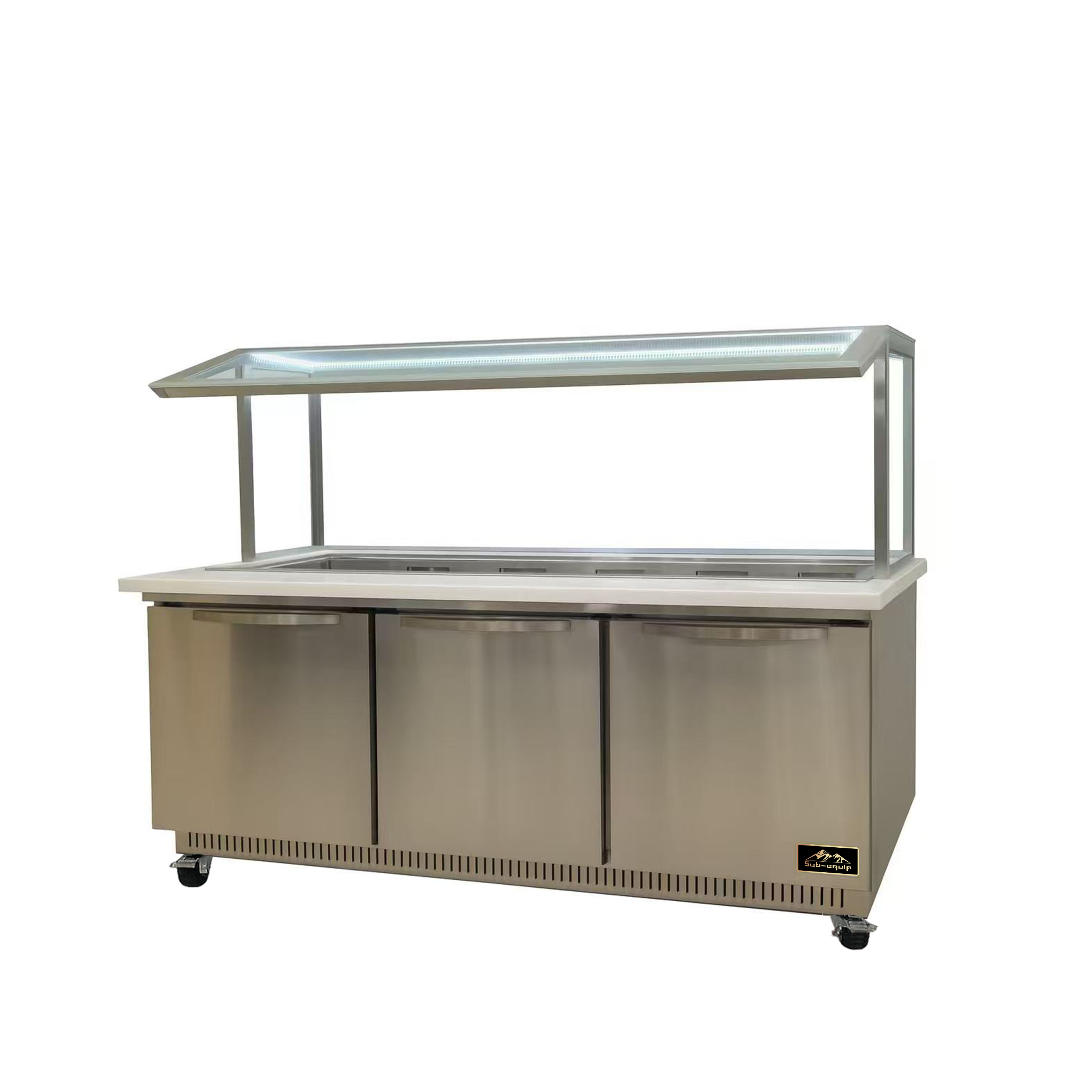 Sub-equip, CSSU-72M-SV, 72" salad and sandwich Prep Table with Glass Sneeze Guard, marble countertop