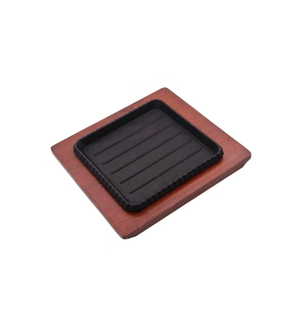8" Cast Iron Square Sizzling Plate with Wooden Base (20 cm x 20 cm) - Chefcoca