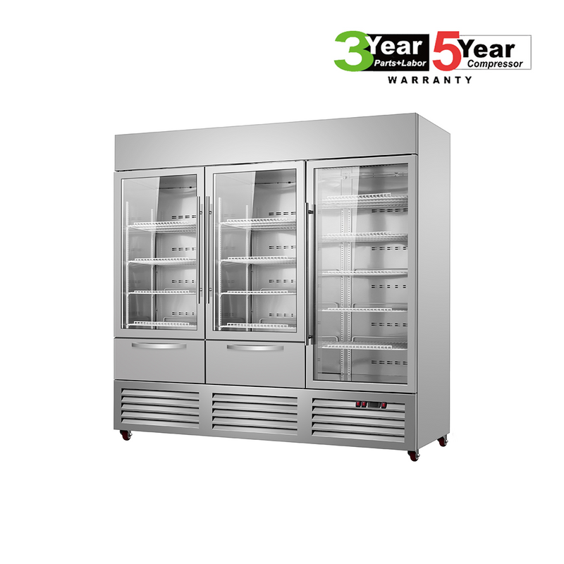Sub-Equip, C-81FG-2D 81" Glass Triple Door Reach-In Freezer With Two Drawer