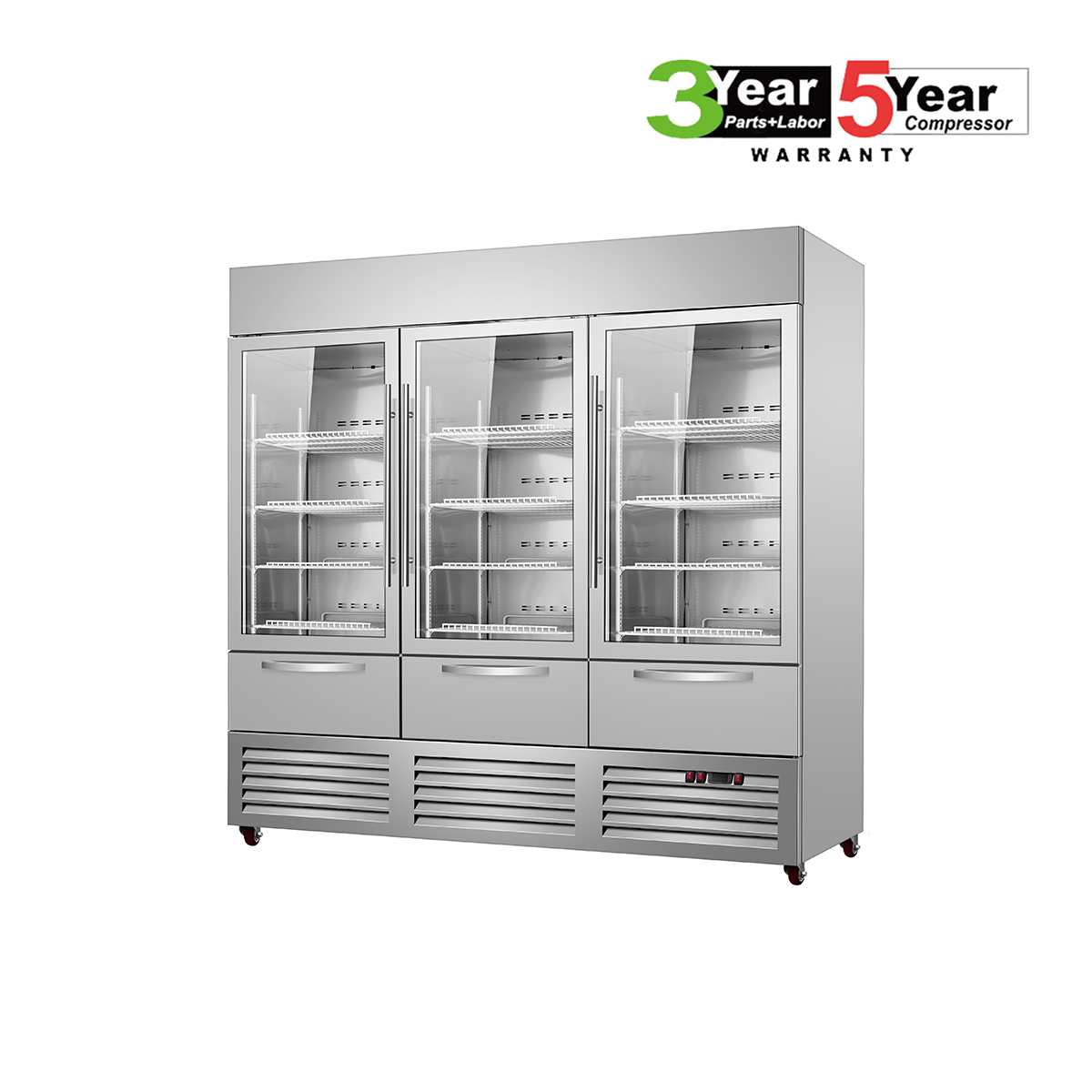 Sub-Equip, C-81RG-3D 81" Glass Triple Door Reach-In Refrigerator With Three Drawer