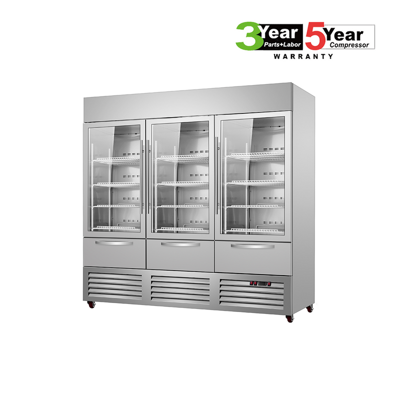 Sub-Equip, C-81RG-3D 81" Glass Triple Door Reach-In Refrigerator With Three Drawer